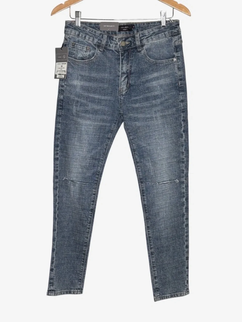 NWT Akuba Slim Fit Skinny Jeans Faded Blue Distressed Whiskered Denim • Size 30 - Picture 1 of 12